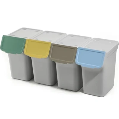 Afbeelding van KADAX afvalemmer met deksel, kunststof voor afvalscheiding, rechthoekig, klapdeksel (grijs, 4 x 20 l)