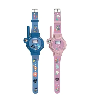 Afbeelding van Lexibook, Disney Stitch, Walkietalkie horloges, 2 stuks, bereik tot 200 m, zaklamp, kompas, oplaadbaar, blauw en roze, DMWTW1D