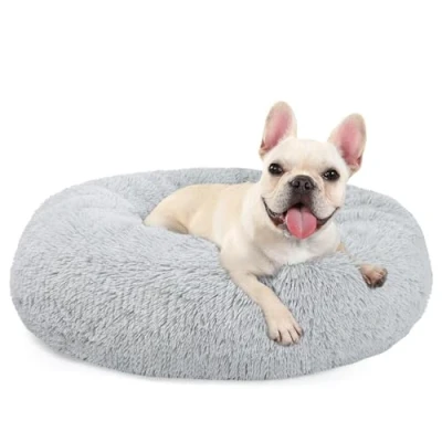 Afbeelding van MDDK DY Lit pour chat moelleux et lavable Design donut Diamètre : 60 cm Avec base antidérapante Panier de couchage en peluche petits grands chiens Coussin Gris clair