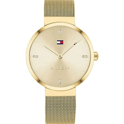 Afbeelding van Tommy Hilfiger Dameshorloge met goudkleurige roestvrijstalen mesh armband, Zwart, riem