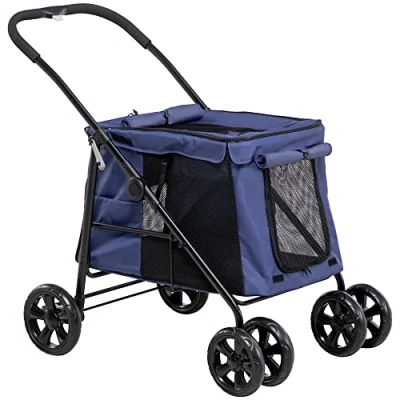 Afbeelding van PawHut Opvouwbare kinderwagen voor honden en katten, met kussen, zijzakken, netvenster, kleine middelgrote tot 20 kg, Oxford stof, blauw