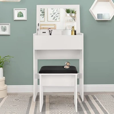 Afbeelding van Kaptafel met Spiegel 60x40x122 cm Wit incl. Kruk ML Design