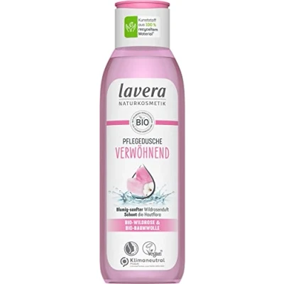Afbeelding van Lavera rustgevende verzorgende douchegel biologische wilde roos en katoen natuurlijke cosmetica veganistisch pH neutraal voor de huid reinigt bijzonder zacht 1 x 250 ml