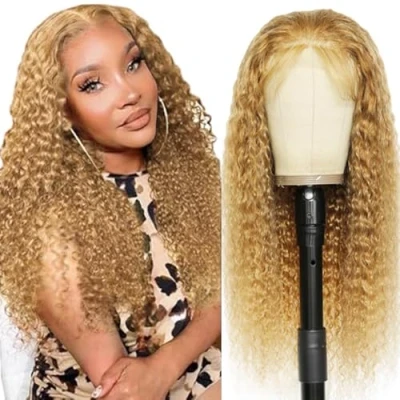 Afbeelding van Tuheerst Blonde pruik van echt haar, krullend, golf, 4 x 4#27, Zwitsers kant, 100% onbehandeld, Braziliaans Remy Pre geplukt, natuurlijk met babyhaar, geen geur voor dames, 61 cm