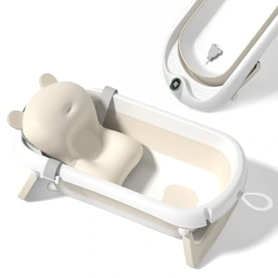 Afbeelding van Opvouwbaar babybad met antislip badkussen/bad thermometer voor watertemperatuurregeling/van geboorte tot 3 jaar, 5 plastic ballen (grijs 2)