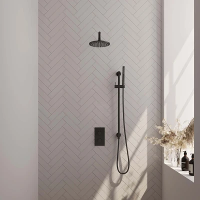 Afbeelding van Brauer Glad 20cm Gebogen wandarm Staafhanddouche Met glijstang Mat zwart