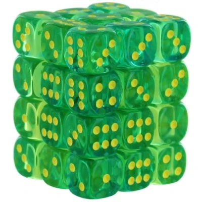 Afbeelding van Chessex Gemini dobbelsteen, 12 mm, transparant, 36 stuks, groen en blauwgroen met geel