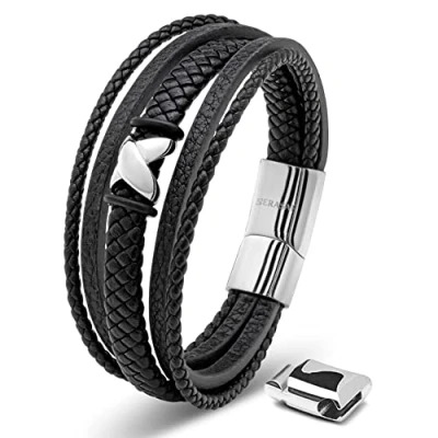 Afbeelding van SERASAR Hoogwaardige leren armband voor heren, magnetische sluiting van roestvrij staal in zwart, zilver en goud, inclusief sieradendoosje, leuk cadeau idee, Leer, Geen edelsteen