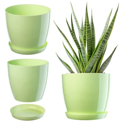 Afbeelding van KADAX Elegante bloempot, met schotel, ronde bloempot van kunststof, plantenpot voor gebruik binnen, Ø 20 cm, lichtgroen
