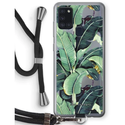 Afbeelding van Case Company® hoesje met Koord geschikt voor Samsung Galaxy A21s Bananenbladeren Telefoonhoesje Zwart Bescherming aan alle Kanten en Over de Schermrand