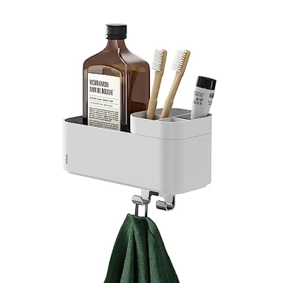 Afbeelding van Tiger 2 Store Doucherek met handdoekhaak en tandenborstelhouder Zonder boren TigerFix (apart verkrijgbaar) 25 cm Wit