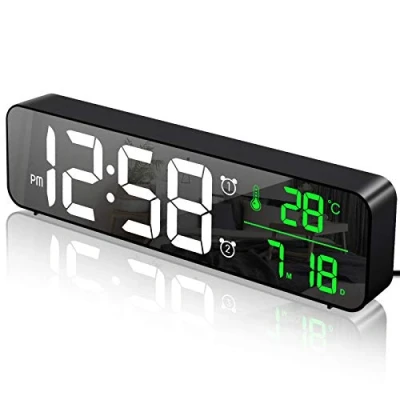 Afbeelding van MOSUO Digitale wekker, wandklok, led, digitaal, spiegel, groot display, met temperatuur, datum, 2 alarm, 40 muziek, 6 variabele instelbare helderheid, USB klok voor thuis, kantoor, zwart