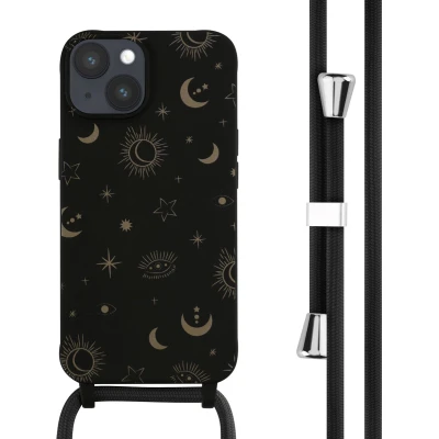 Afbeelding van iPhone 14 hoesje met koord iMoshion Siliconen design Zwart / Dandelion Black
