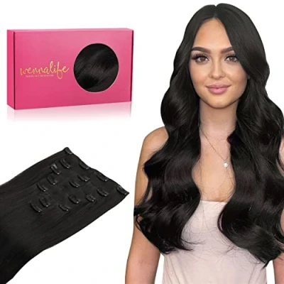 Image de WENNALIFE Hair Extensions Remy de cheveux naturels à clip, 50 cm, 120 g, 7 pièces, noir naturel