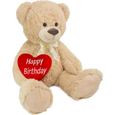 Afbeelding van BRUBAKER XXL Teddybeer 100 cm Happy Birthday Hart Zacht Speelgoed Knuffel Beige Verjaardag Cadeau Knuffelbeer