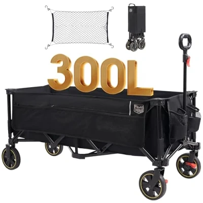 Afbeelding van TIMBER RIDGE Uitgebreide festivalwagen met remmen en vrachtnet, 300 liter grote opvouwbare trolley verstelbare handgreep bekerhouder, robuuste van 160 kg voor kamperen, winkelen,