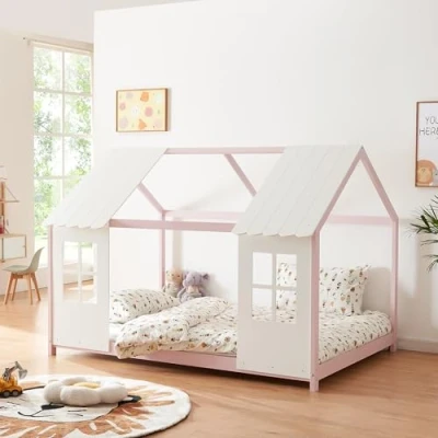 Afbeelding van [en.casa] Lit Cabane avec Fenêtres et Toit Enfant Forme Maison Design Sommier à Lattes pour Chambre d&#039;Enfant en Bois de Pin Contreplaqué 140 x 200 cm Rose Blanc