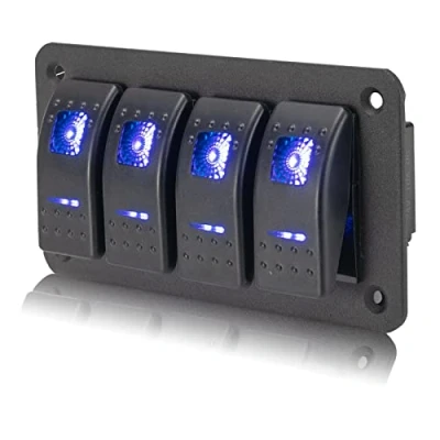 Afbeelding van 4 Versnellingen Wipschakelaar Paneel Tuimelschakelaar Waterdicht 5 Pin On/off Rocker Switch Panel Met Blauwe Led Backlit 12 V/24 V Stopcontact Voor Boot Auto Voertuigen Vrachtwagen