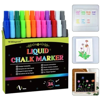 Afbeelding van 24 stuks vloeibare krijtstiften, meerkleurig, afwasbaar, voor schoolbord, whiteboard, raam, glas, fijne punt, 12 kleuren, ideaal cadeau