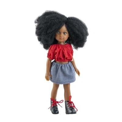 Afbeelding van Paola Reina Amigas Camila babypop donker meisje met zwart haar en bruine ogen 32cm