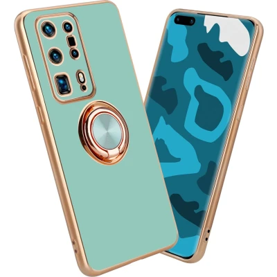 Afbeelding van Cadorabo Hoesje geschikt voor Huawei P40 PRO+ in Glossy Turquoise Goud met ring Beschermhoes van flexibel TPU silicone Case Cover camerabescherming en magnetische autohouder