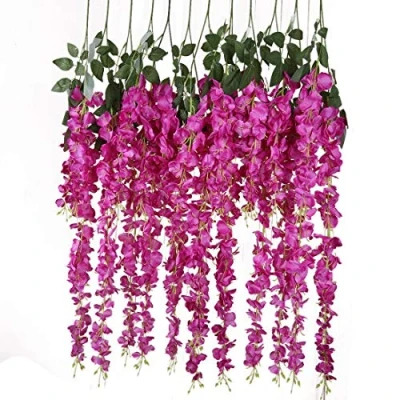 Afbeelding van Veryhome Wisteria Vine Kunstbloemen van zijde, 12 stuks, voor bruiloft, tuindecoratie, feestdecoratie (rozerood)