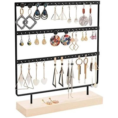 Afbeelding van iYinJuan Oorbelstandaard van hout en metaal, sieradenorganizer, vintage, oorbelstandaard, zwart met houten sokkel (69 gaten 3 lagen)