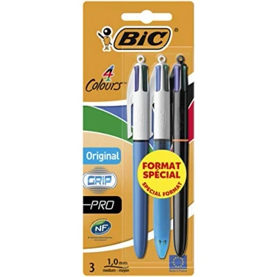 Afbeelding van BIC Set van 3 originele Grip en Pro 4 kleuren met 1 mm punt, blauw, groen, rood, zwart (verpakking kan variëren)