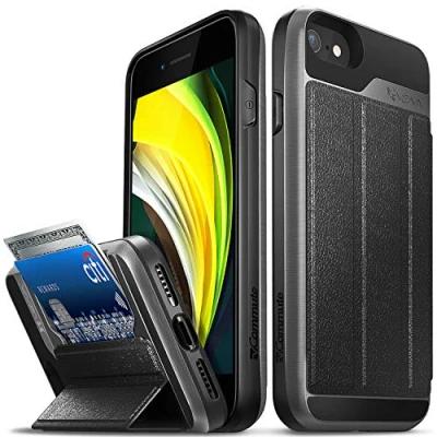 Afbeelding van Vena VCommute Leren flipportemonnee hoesje met kaartsleuf en standaard voor iPhone SE 2020/iPhone 8 7 (4,7 inch) Space Black