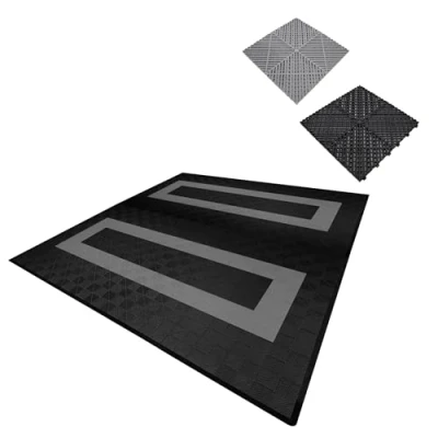 Afbeelding van Modulaire geventileerde kliktegels 165 zwart en 60 grijs 6m x 6m, polypropyleen, antislip, weerbestendig, 5 ton per tegel, inclusief randen, ideaal voor dubbele garage of werkplaatsen.