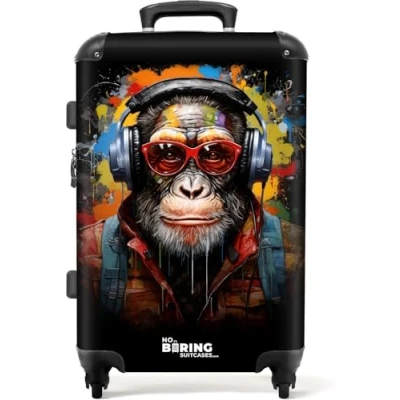 Afbeelding van NoBoringSuitcases.com® Koffer groot Rolkoffer lichtgewicht Chimpansee met koptelefoon en graffiti spray Reiskoffer 4 wielen Grote trolley XL 20 kg bagage
