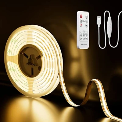 Afbeelding van PAUTIX Ledstrip, 5 V, warm wit, 2 m, met RF afstandsbediening, 640 leds, 3000 K, dimbaar, COB LED strip, CRI90+ tv achtergrondverlichting, flexibele ondergrondverlichting voor keuken, thuis, doe het zelf verlichting