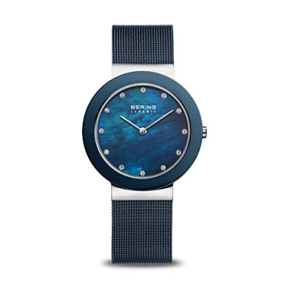Afbeelding van BERING Dameshorloge, analoog, kwarts, keramiek, collectie horloge met armband van roestvrij staal/keramiek en saffierglas 11435, Blauw/Zilver, Minimalist