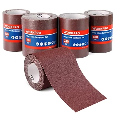Afbeelding van WORKPRO 4 rollen schuurpapier 93 mm x 5 m, korrel 60, 120, 180, 240, schuurrollen voor polijsten, verwijderen, afwerking
