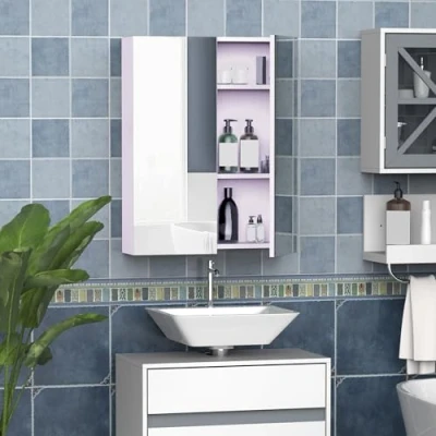Image de Armoire avec miroir en bois rangement salle de bain fermeture porte tampon MDF blanc