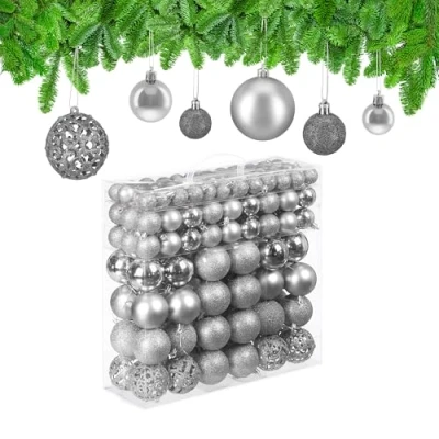 Afbeelding van Relaxdays kerstballen set van 150 kerstboom ballen kunststof mat en glanzend zilver