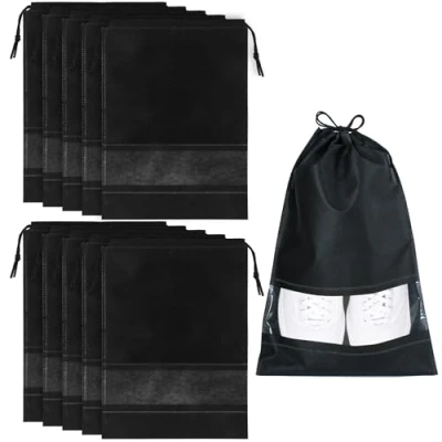 Afbeelding van Welsberg 10 stuks waterdichte reisschoenentassen met trekkoord en transparante gleuf voor herenschoenen damesschoenen, sneakers, mocassins, zwart, schoenentas, zwart., schoenentas