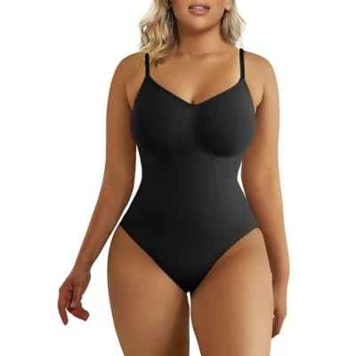 Afbeelding van SHAPERX Naadloze shapewear string bodysuit voor dames met verstelbare bandjes, 1 x zwart.