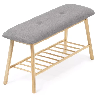 Image de Banc d&#039;entrée capitonné bambou tissu gris clair