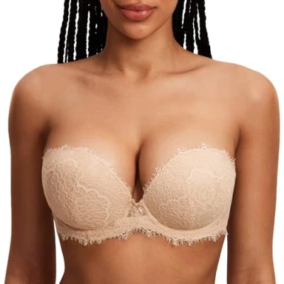 Afbeelding van DOBREVA Strapless push up beha van kant met siliconen gevoerde beugel, Beige