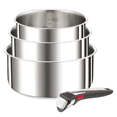 Afbeelding van Tefal Ingenio Set van 4 pannen 16/18/20 cm + 1 afneembare handgreep, inductie, roestvrij staal, stapelbaar, ruimtebesparend, gemaakt in China, Preference On L898S334