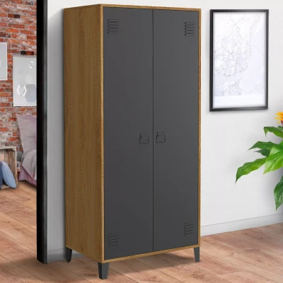 Image de Armoire vestiaire penderie ESTER 2 portes métal noir et contour bois design industriel