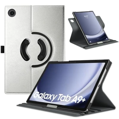 Afbeelding van TiMOVO draaibare beschermhoes voor Samsung Galaxy Tab A9+/A9 Plus 11 inch 2023 SM X210/X216/X218, 90 graden standhoes A9+ tablet, automatische slaapstand, parelmoer zilver