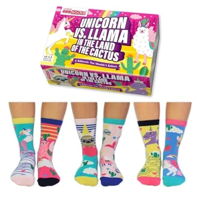 Afbeelding van Mismatched socks Cadeau doosjes verschillende sokken 6 Unicorn vs Llama maat 37 tot 42