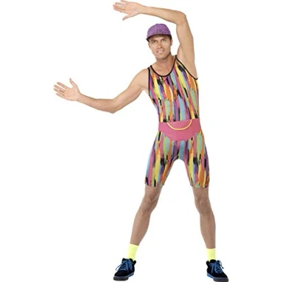 Afbeelding van Smiffys Aerobics Instructeurskostuum, meerkleurig, met overall, hoed, kostuum voor volwassenen, heren (1 stuk), Meerkleurig