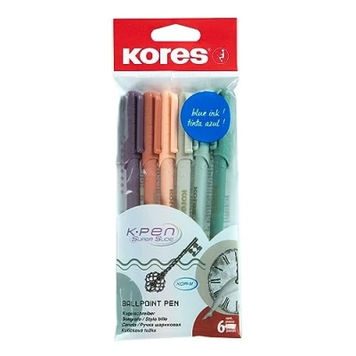 Afbeelding van Kores Vintage stijl balpen K0R M, 1 mm driehoekig, lichtbestendig, semi gel blauwe inkt schoolbenodigdheden, knutselen en schrijfpennen Set van 6 pennen