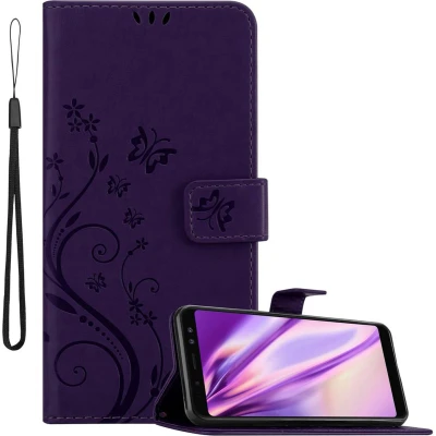 Afbeelding van Cadorabo Hoesje geschikt voor Samsung Galaxy A8 2018 in BLOEMEN DONKER PAARS Beschermhoes bloemmotief met magnetische sluiting, standfunctie en kaartsleuven Book Case Cover Etui