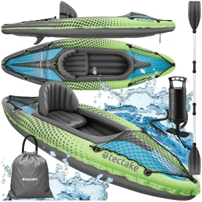Afbeelding van tectake® Opblaasbare Kajakboot Kano Voor 1 Persoon met Dubbele Peddel en Accessoires Zitje, Pomp, Transporttas Watersport, Vrije Tijd, Roeiboot