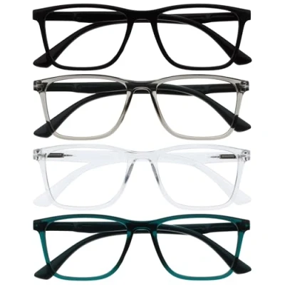 Image de OPULIZE NYX Lot de 4 lunettes anti reflets pour ordinateur et jeux vidéo, protection UV fatigue oculaire, monture rectangulaire, noir, gris, turquoise clair, homme femme, Noir/gris/transparent