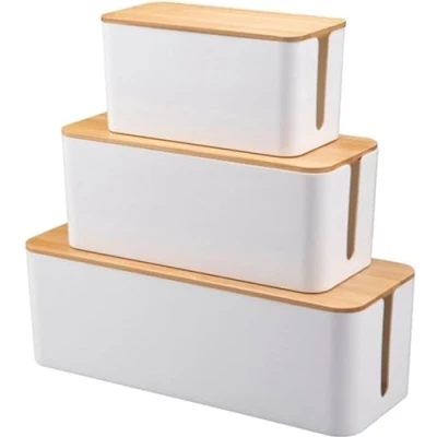 Afbeelding van BUDDLEY® Kabelbox Wit Bamboe (SET) Kabeldoos Kabel Opbergbox Stekkerdoos Management onder Bureau Organiser CableBox Doos voor snoeren wegwerken